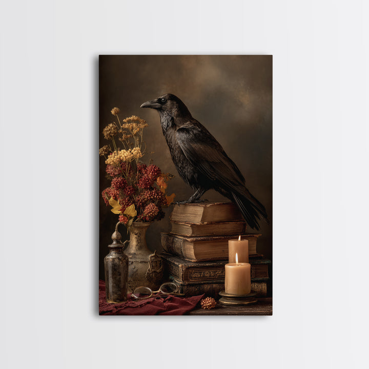 Black Raven Perched on Closed Book Framed Canvas Print, Library Art, Living Room Decor, Library Decor, Fine Art, Archive, LIB-2x3-78