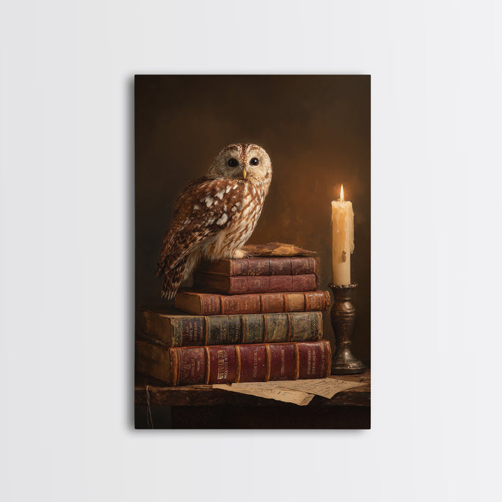 Owl Perched on a Pile of Antique Canvas Print, Library Art, Dark Academia Decor, Library Decor, Archive, Botanical Art, LIB-2x3-82