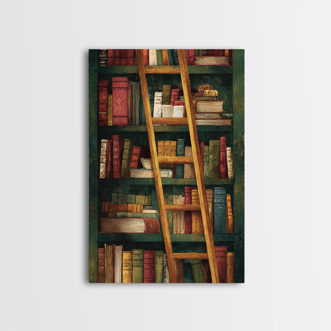 Rolling Library Ladder Framed Canvas Print, Library Art, Dark Academia Art, Library Decor, Abstract Art, Archive, Room Decor, LIB-2x3-83