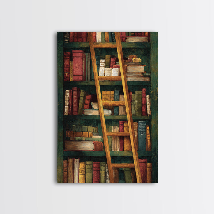 Rolling Library Ladder Framed Canvas Print, Library Art, Dark Academia Art, Library Decor, Abstract Art, Archive, Room Decor, LIB-2x3-83