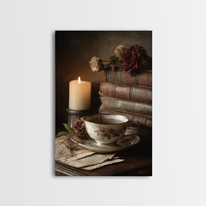 Teacup Beside a Novel and Roses Framed Canvas Print, Library Art, Unique Wall Art, Library Decor, Archive, Dark Academia Art, LIB-2x3-94