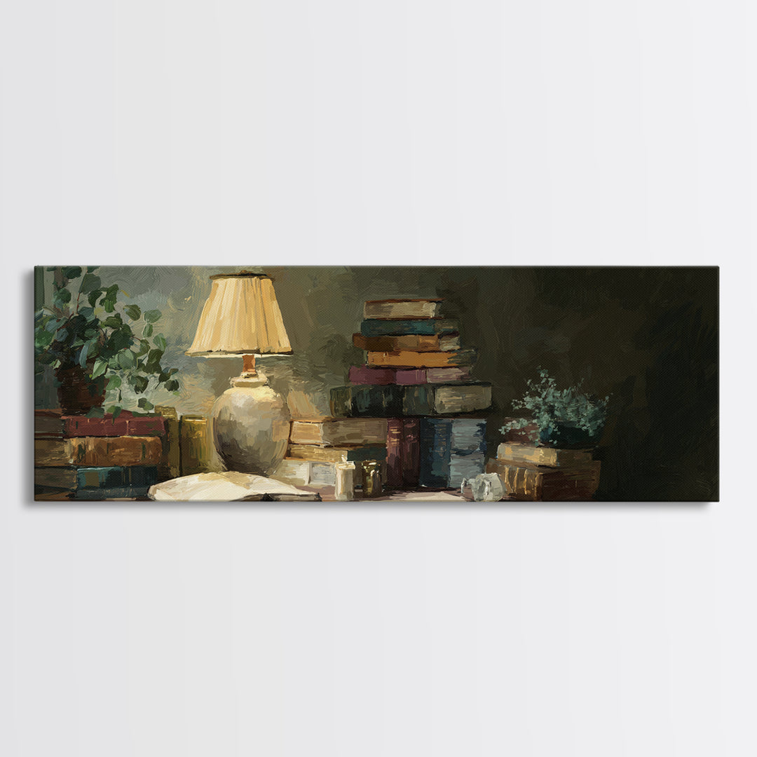 Warm Reading Lamp and Small Plant Still Canvas Print, Library Art, Watercolor Art, Library Decor, Archive, Halloween Wall Art, LIB-3x1-13