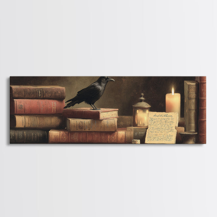Black Raven Perched on Closed Book Canvas Print, Library Art, Modern Decor, Library Decor, Fine Art, Archive, Wall Decor, LIB-3x1-14