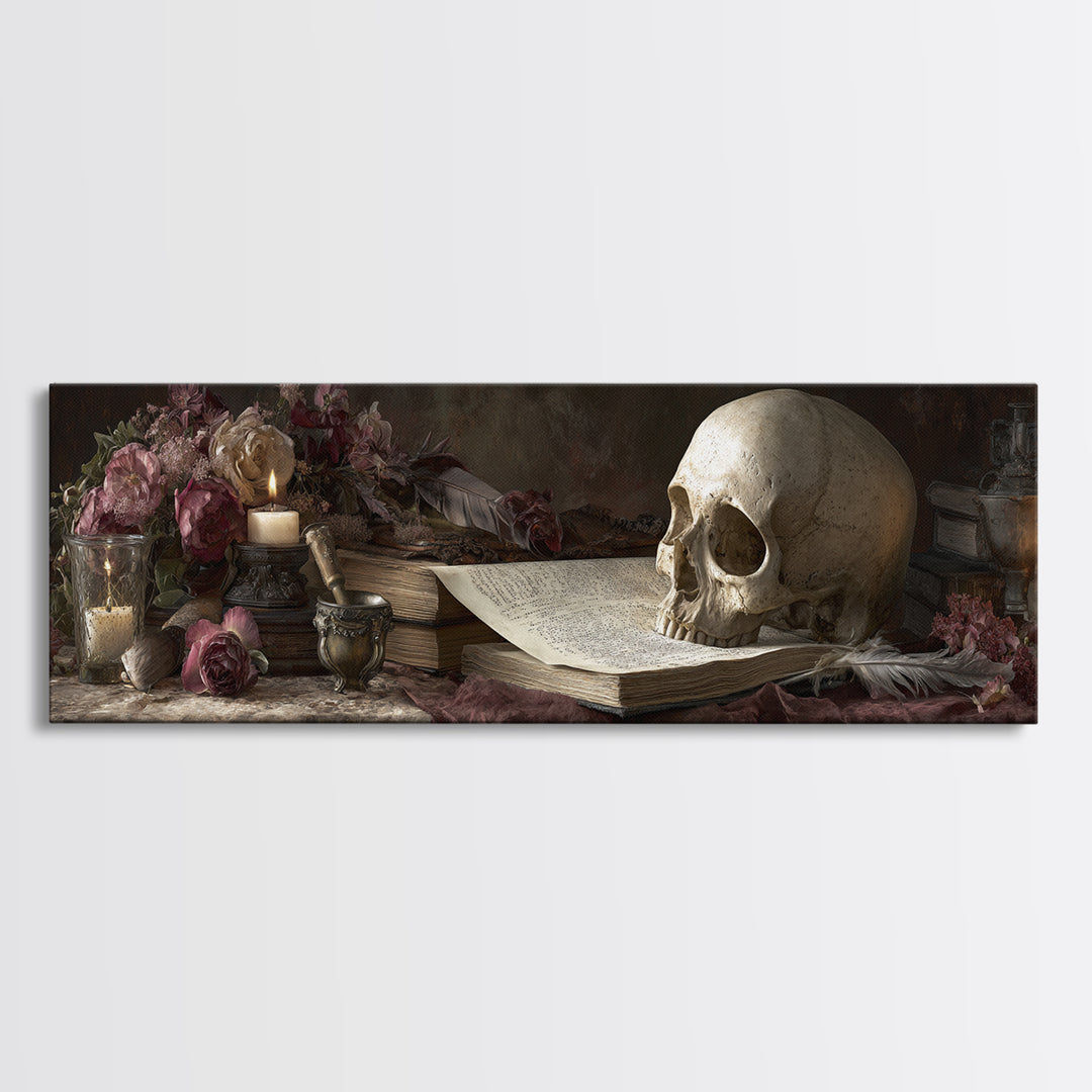 Dark Academia Skull Book and Quill Still Canvas Print, Library Art, Black Cat Art, Library Decor, Archive, Luxury Decor, LIB-3x1-21