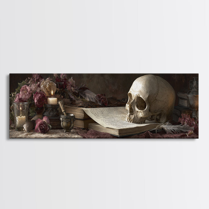 Dark Academia Skull Book and Quill Still Canvas Print, Library Art, Black Cat Art, Library Decor, Archive, Luxury Decor, LIB-3x1-21