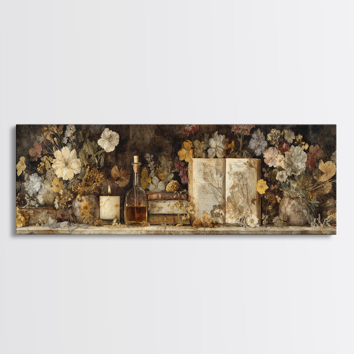 Botanical Pressed Flowers Inside Old Pages Canvas Print, Library Art, Dark Academia Art, Library Decor, Fine Art, Archive, LIB-3x1-25