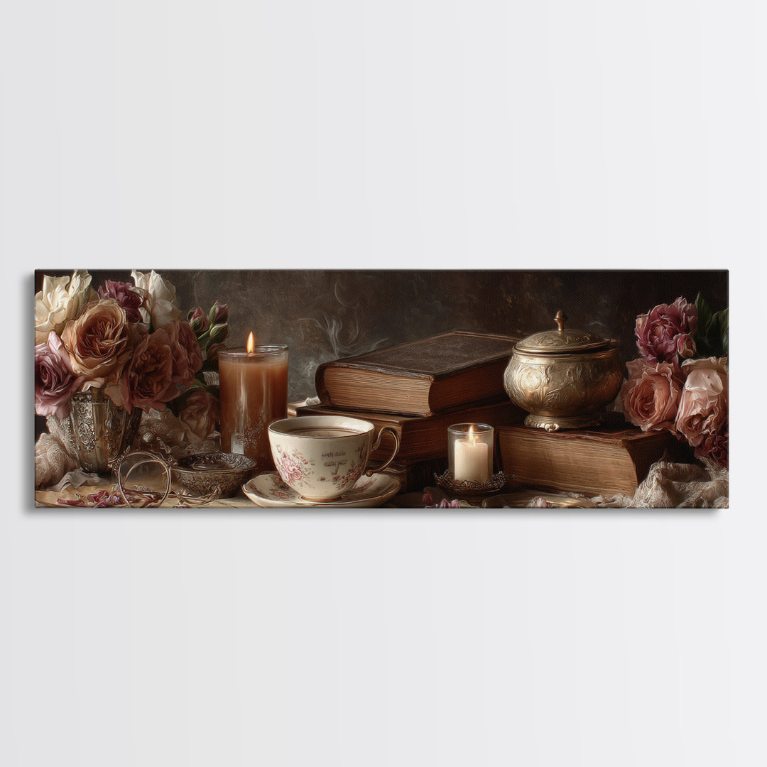 Teacup Beside a Novel and Roses Canvas Print, Library Art, Digital Art, Library Decor, Fine Art, Archive, Watercolor Art, LIB-3x1-30