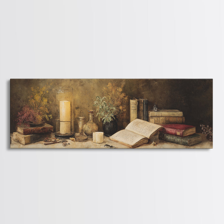 Warm Reading Lamp and Small Plant Still Framed Canvas Print, Library Art, Botanical Art, Library Decor, Watercolor Art, Archive, LIB-3x1-37