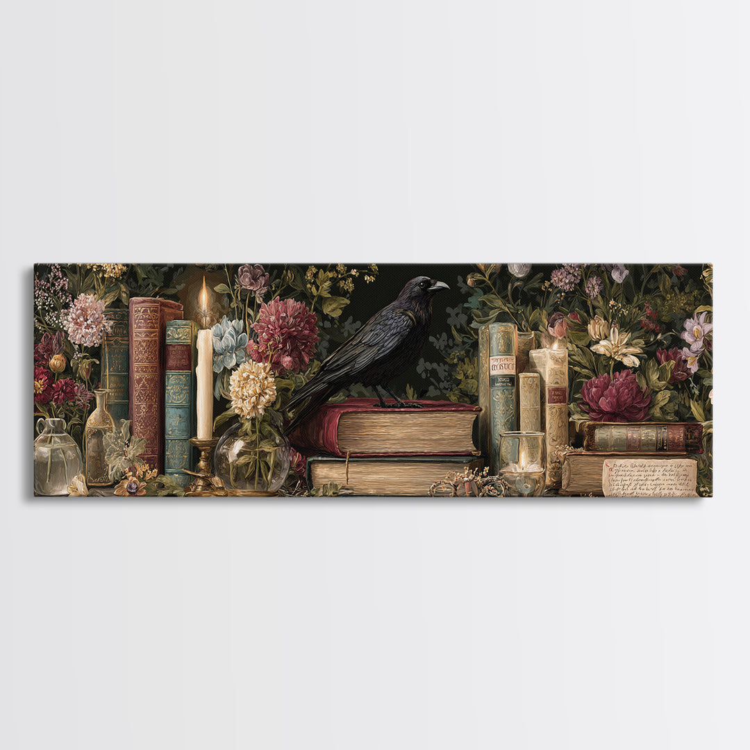 Black Raven Perched on Closed Book Canvas Print, Library Art, Watercolor Painting, Library Decor, Archive, Black Cat Art, LIB-3x1-38