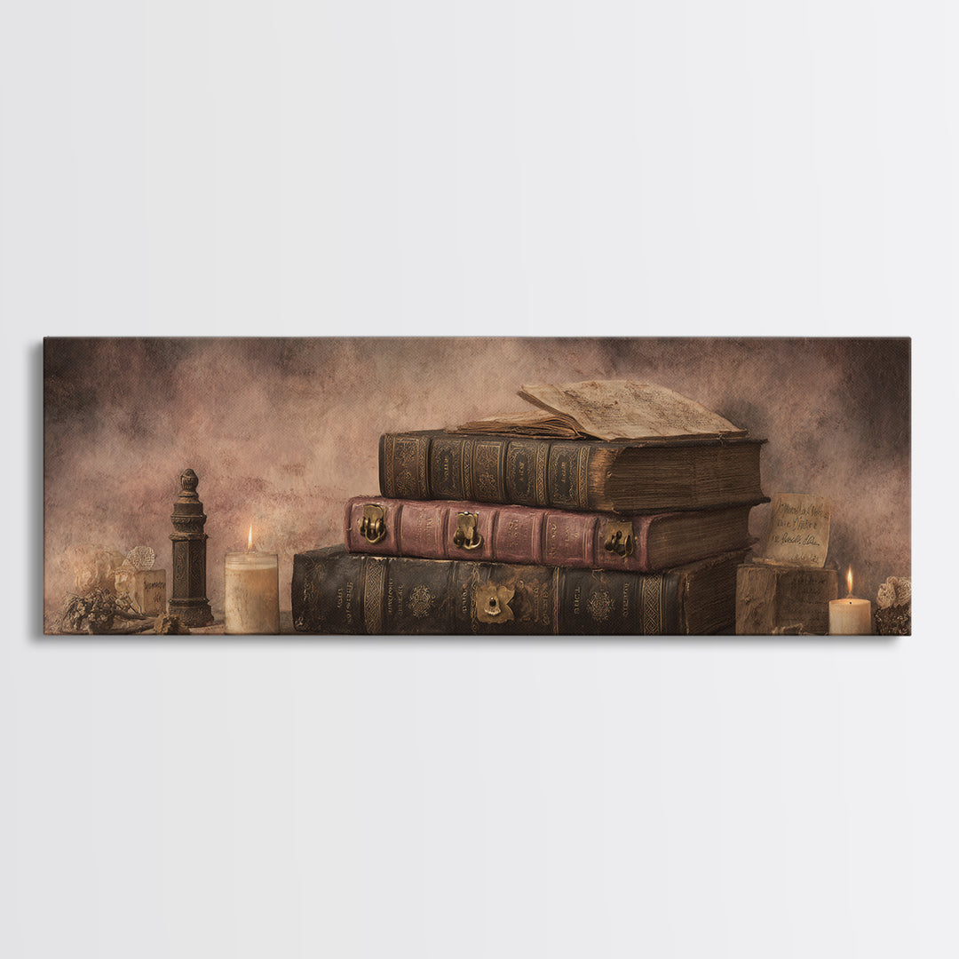 Ancient Book with Brass Clasps Framed Canvas Print, Library Art, Halloween Printable, Library Decor, Watercolor Art, Archive, LIB-3x1-5