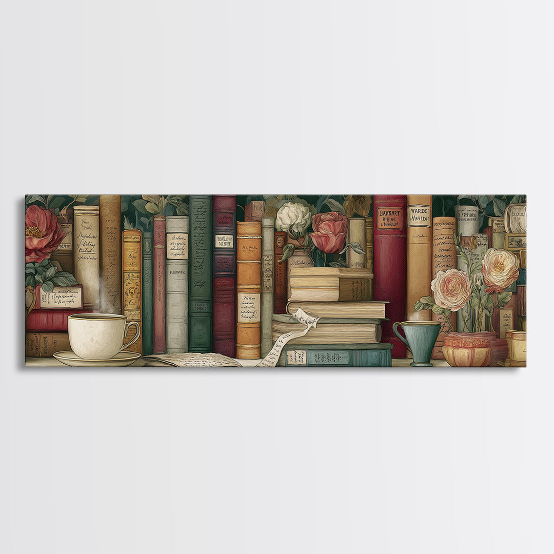 Teacup Beside a Novel and Roses Canvas Print, Library Art, Gothic Wall Decor, Library Decor, Fine Art, Archive, LIB-3x1-54