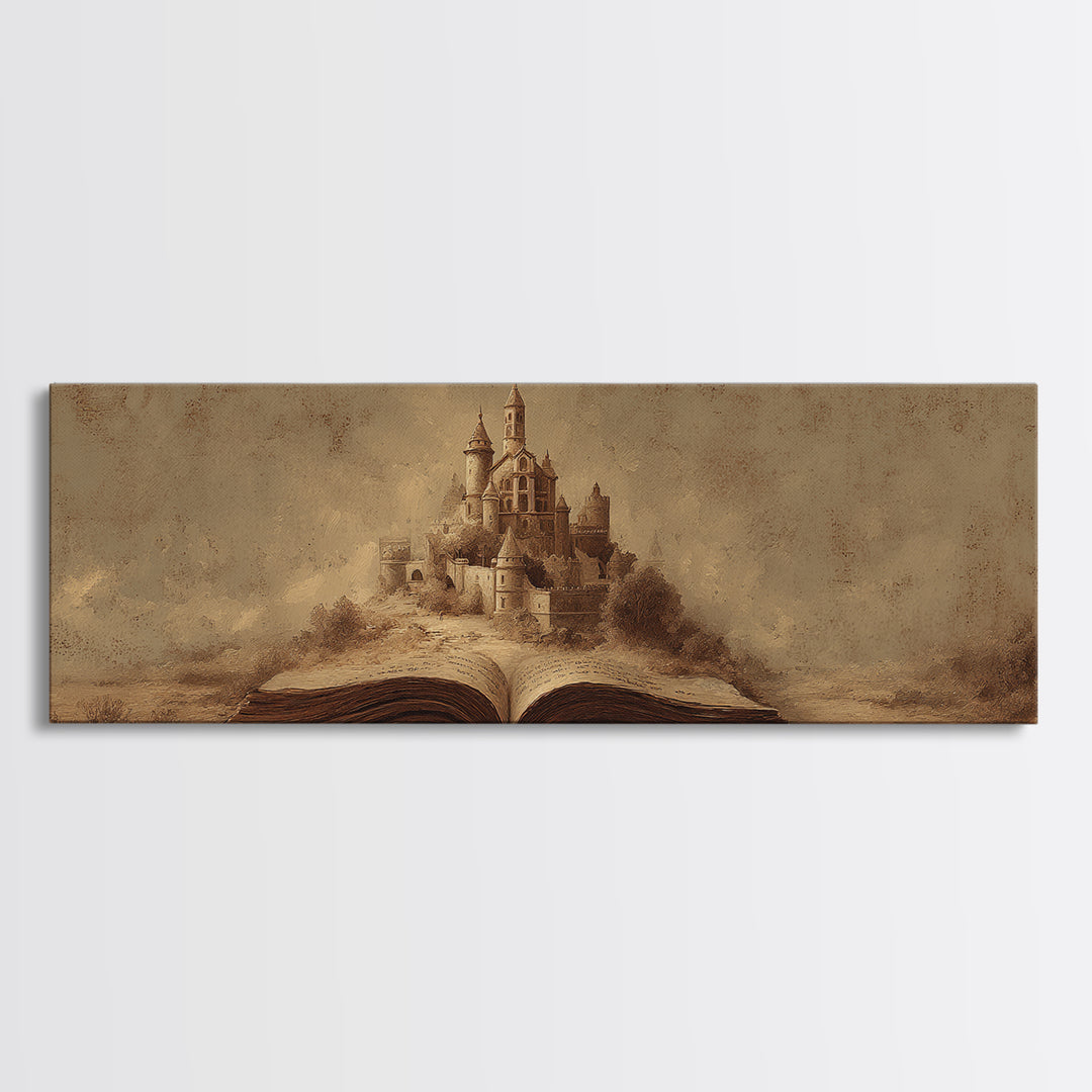 Storybook Castle Emerging from Open Book Framed Canvas Print, Library Art, Painting, Library Decor, Fine Art, Archive, LIB-3x1-55