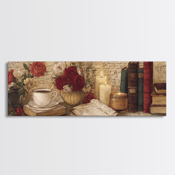 Teacup Beside a Novel and Roses Canvas Print, Library Art, Black Cat Art, Library Decor, Fine Art, Archive, Luxury Decor, LIB-3x1-6