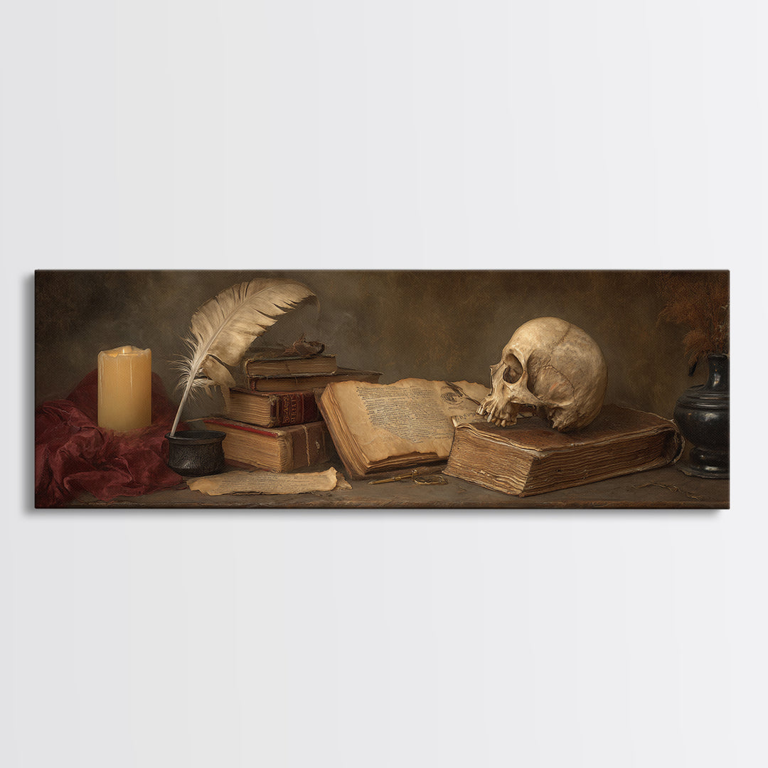 Dark Academia Skull Book and Quill Still Framed Canvas Print, Library Art, Gallery Decor, Library Decor, Fine Art, Archive, LIB-3x1-69