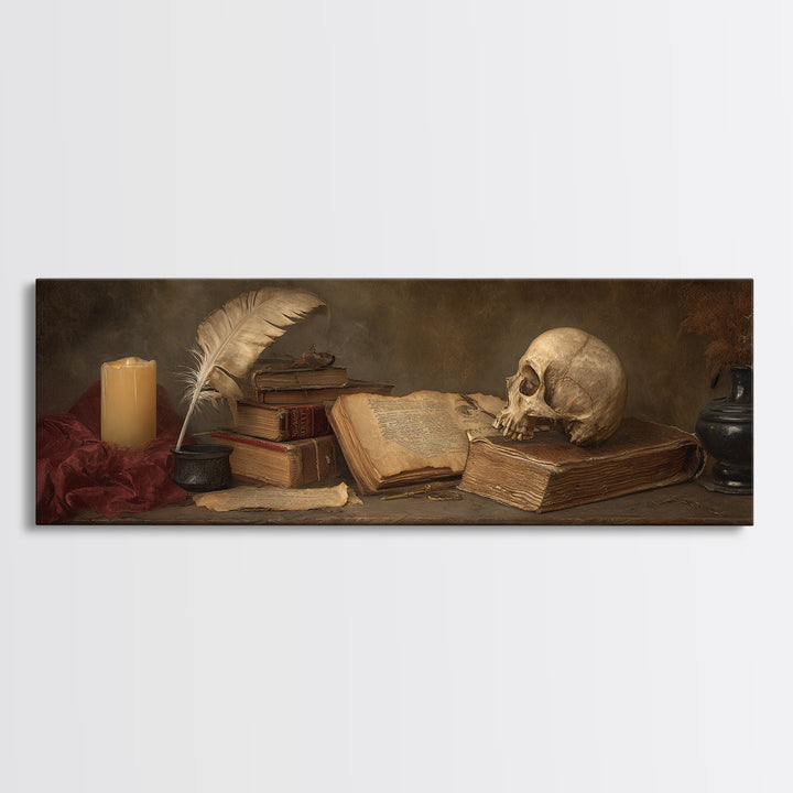 Dark Academia Skull Book and Quill Still Framed Canvas Print, Library Art, Gallery Decor, Library Decor, Fine Art, Archive, LIB-3x1-69
