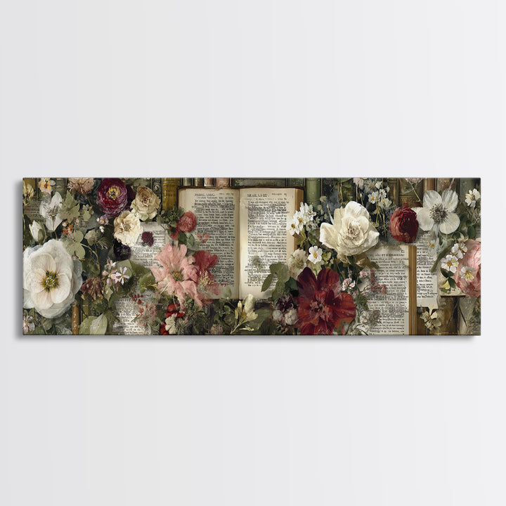 Botanical Pressed Flowers Inside Old Pages Framed Canvas Print, Library Art, Neutral Decor, Library Decor, Oil Painting, LIB-3x1-73