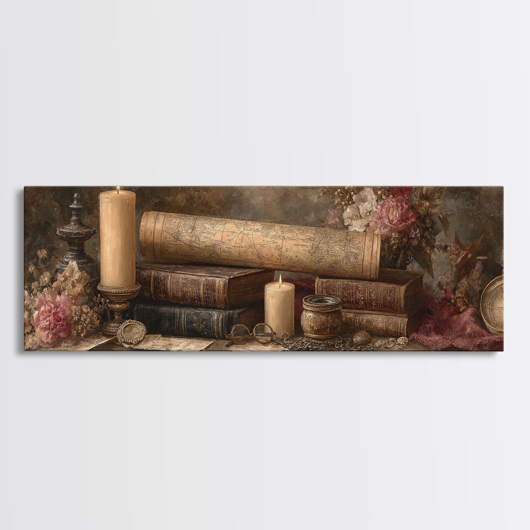 Map and Compass on Leather Bound Atlas Canvas Print, Library Art, Halloween Wall Decor, Library Decor, Fine Art, Archive, LIB-3x1-8