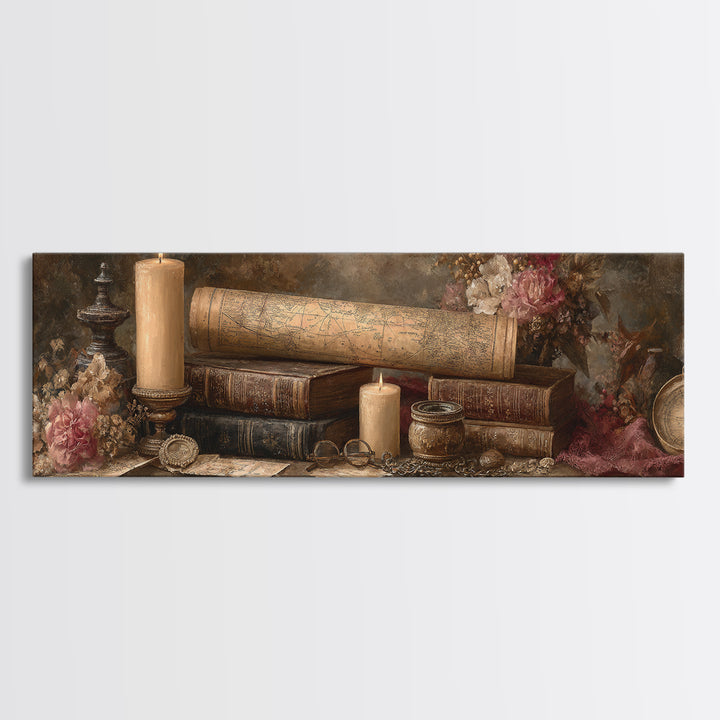 Map and Compass on Leather Bound Atlas Canvas Print, Library Art, Halloween Wall Decor, Library Decor, Fine Art, Archive, LIB-3x1-8