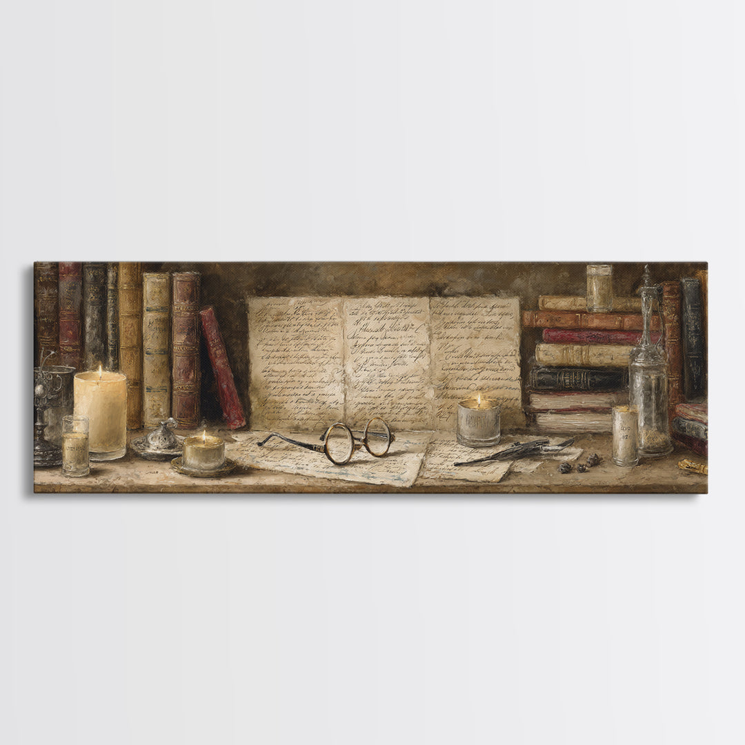 Antique Spectacles on a Manuscript Framed Canvas Print, Library Art, Digital Art, Library Decor, Archive, Watercolor Art, LIB-3x1-84