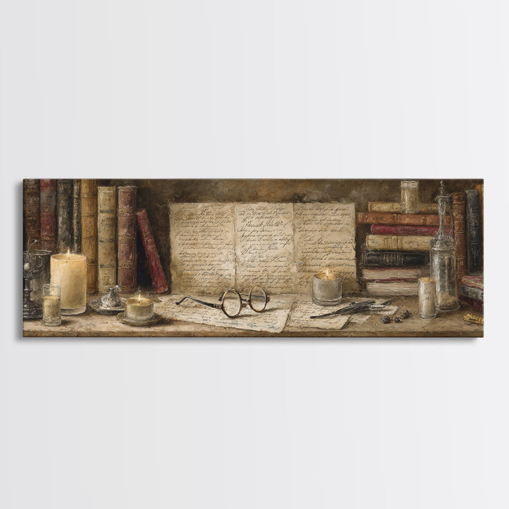 Antique Spectacles on a Manuscript Framed Canvas Print, Library Art, Digital Art, Library Decor, Archive, Watercolor Art, LIB-3x1-84