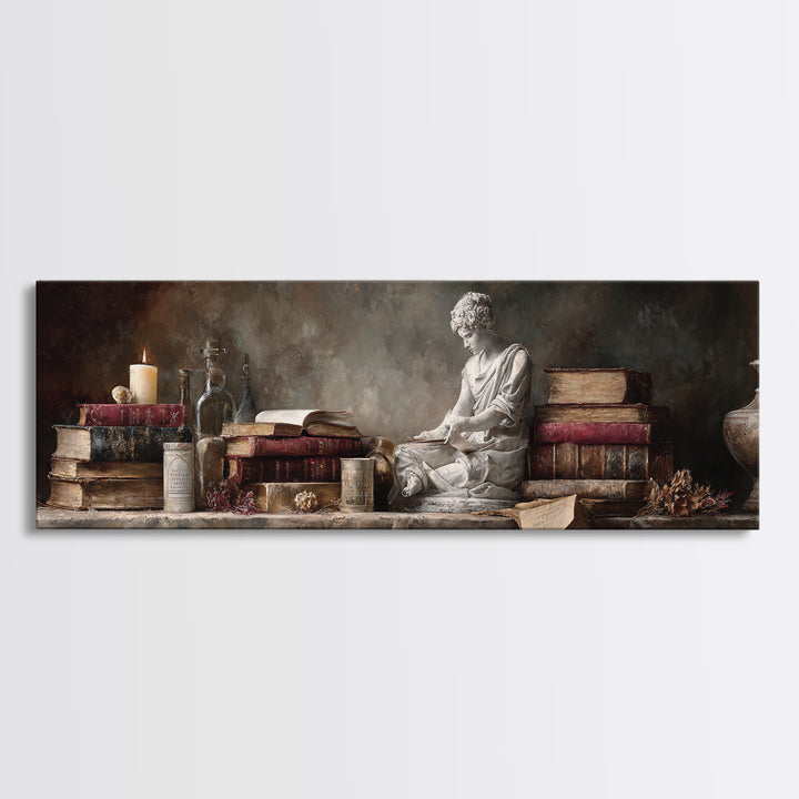 Renaissance Reading Figure Framed Canvas Print, Library Art, Dark Academia Decor, Library Decor, Archive, Botanical Art, LIB-3x1-87