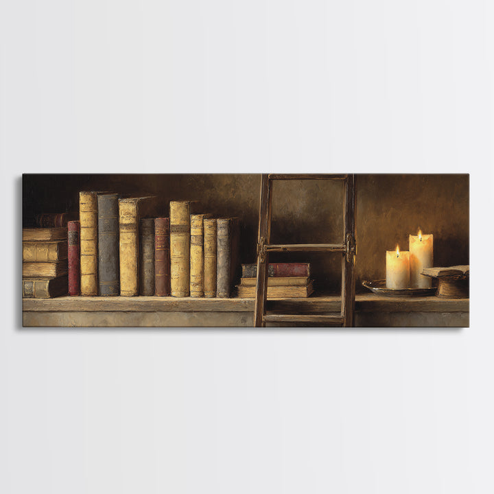 Rolling Library Ladder Canvas Print, Library Art, Printable Wall Art, Library Decor, Fine Art, Archive, Moody Wall Art, LIB-3x1-91