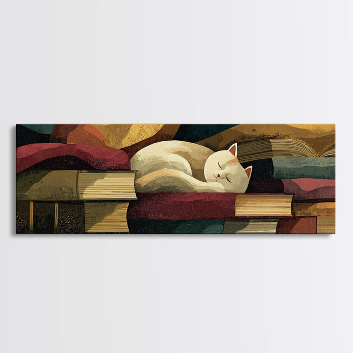 Cat Sleeping on a Book Stack Canvas Print, Library Art, Gothic Home Decor, Library Decor, Oil Painting, Archive, Bookish Decor, LIB-3x1-95