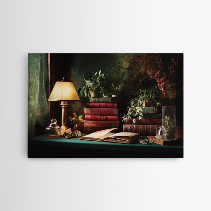 Warm Reading Lamp and Small Plant Still Canvas Print, Library Art, Bookish Decor, Library Decor, Archive, Modern Decor, LIB-3x2-1