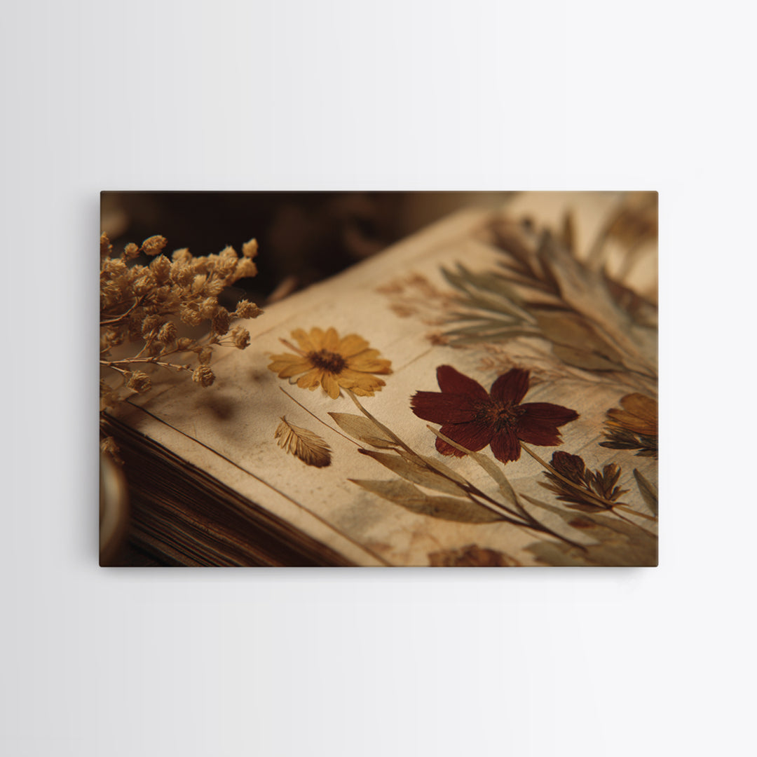 Botanical Pressed Flowers Inside Old Pages Framed Canvas Print, Library Art, Botanical Art, Library Decor, Watercolor Art, LIB-3x2-13