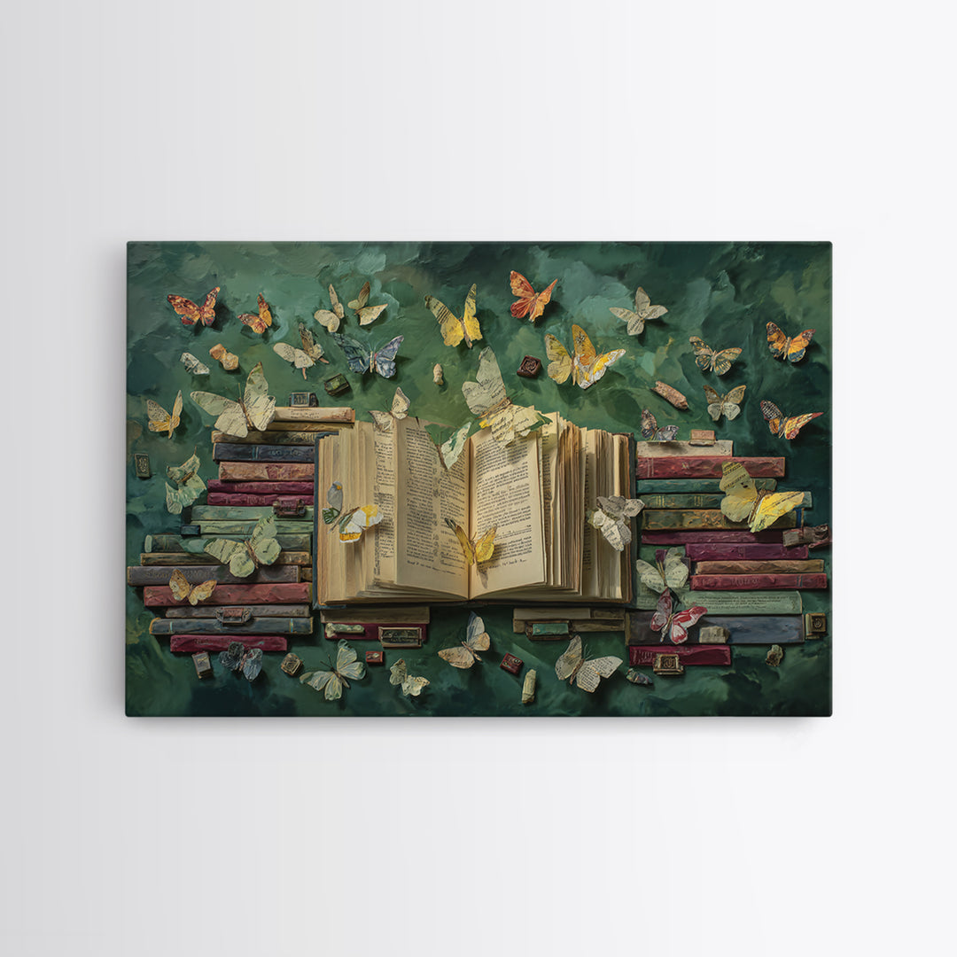 Book Pages Transforming into Butterflies Framed Canvas Print, Library Art, Reading Nook Decor, Library Decor, Fine Art, Archive, LIB-3x2-23