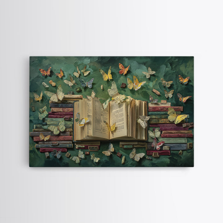 Book Pages Transforming into Butterflies Framed Canvas Print, Library Art, Reading Nook Decor, Library Decor, Fine Art, Archive, LIB-3x2-23