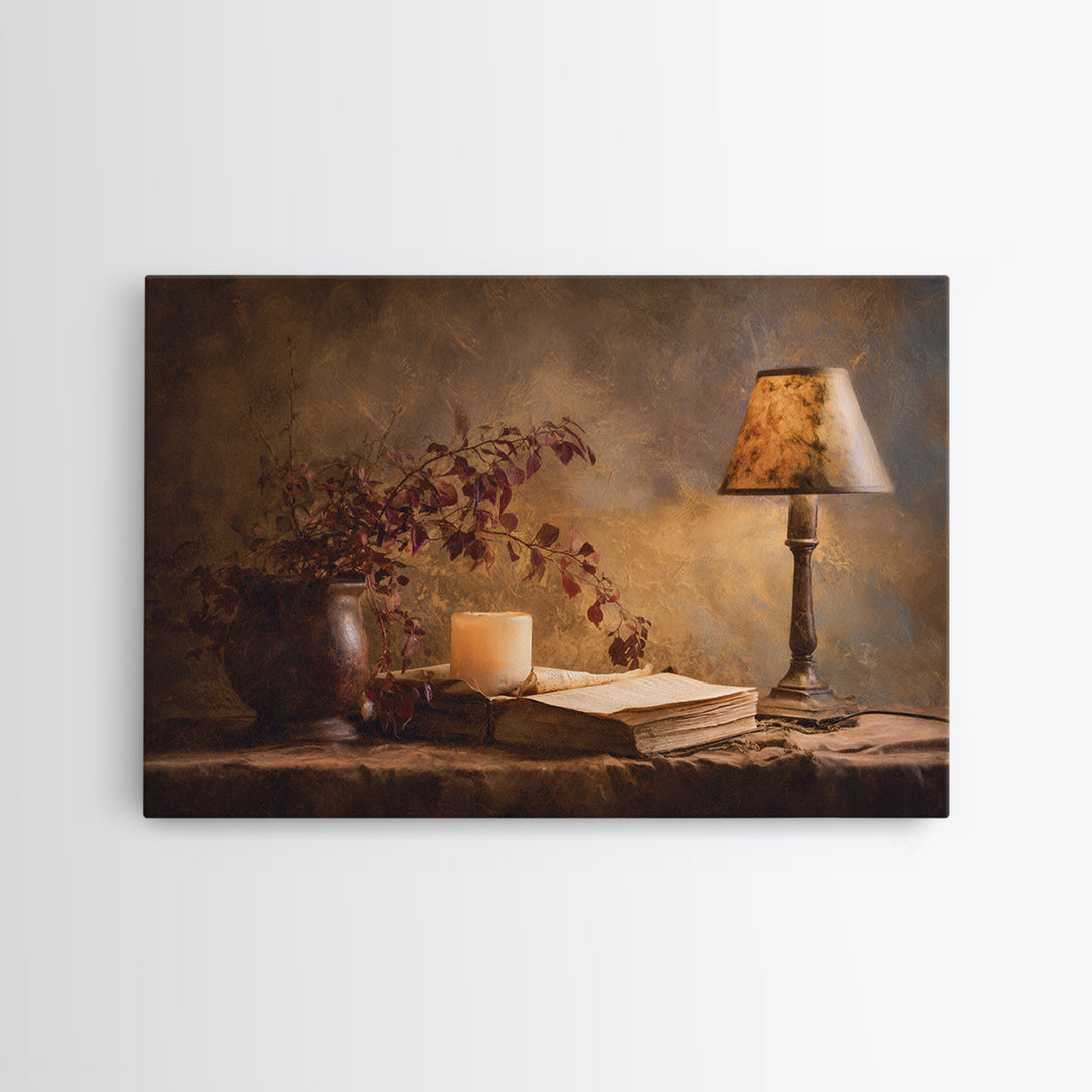 Warm Reading Lamp and Small Plant Still Framed Canvas Print, Library Art, Dark Academia Art, Library Decor, Abstract Art, LIB-3x2-25