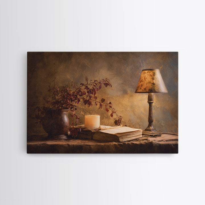 Warm Reading Lamp and Small Plant Still Framed Canvas Print, Library Art, Dark Academia Art, Library Decor, Abstract Art, LIB-3x2-25