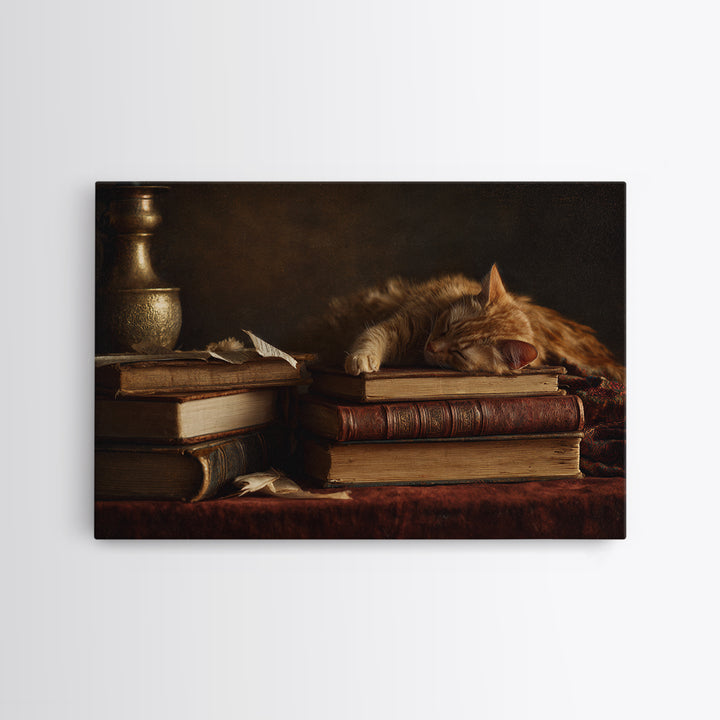 Cat Sleeping on a Book Stack Framed Canvas Print, Library Art, Room Decor, Library Decor, Fine Art, Archive, Printable Art, LIB-3x2-35