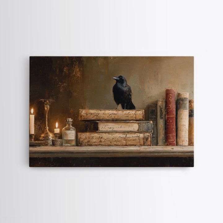 Black Raven Perched on Closed Book Framed Canvas Print, Library Art, Book Art, Library Decor, Oil Painting, Archive, LIB-3x2-50