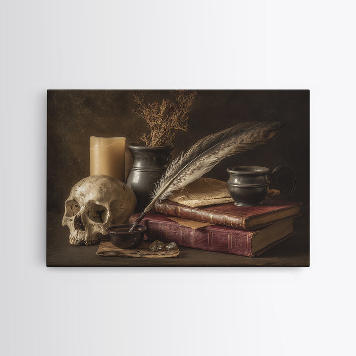 Dark Academia Skull Book and Quill Still Canvas Print, Library Art, Gothic Wall Decor, Library Decor, Fine Art, Archive, LIB-3x2-57