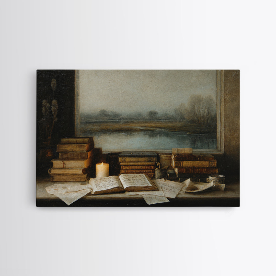 Moonlit Window with Floating Pages Framed Canvas Print, Library Art, Textured Painting, Library Decor, Fine Art, Archive, LIB-3x2-60