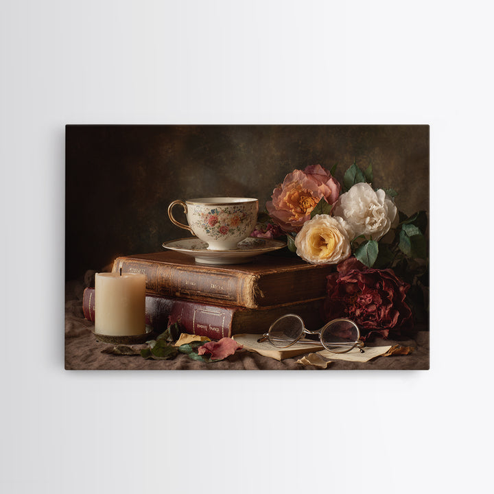 Teacup Beside a Novel and Roses Canvas Print, Library Art, Library Decor, Fine Art, Archive, Neutral Decor, Modern Decor, LIB-3x2-66