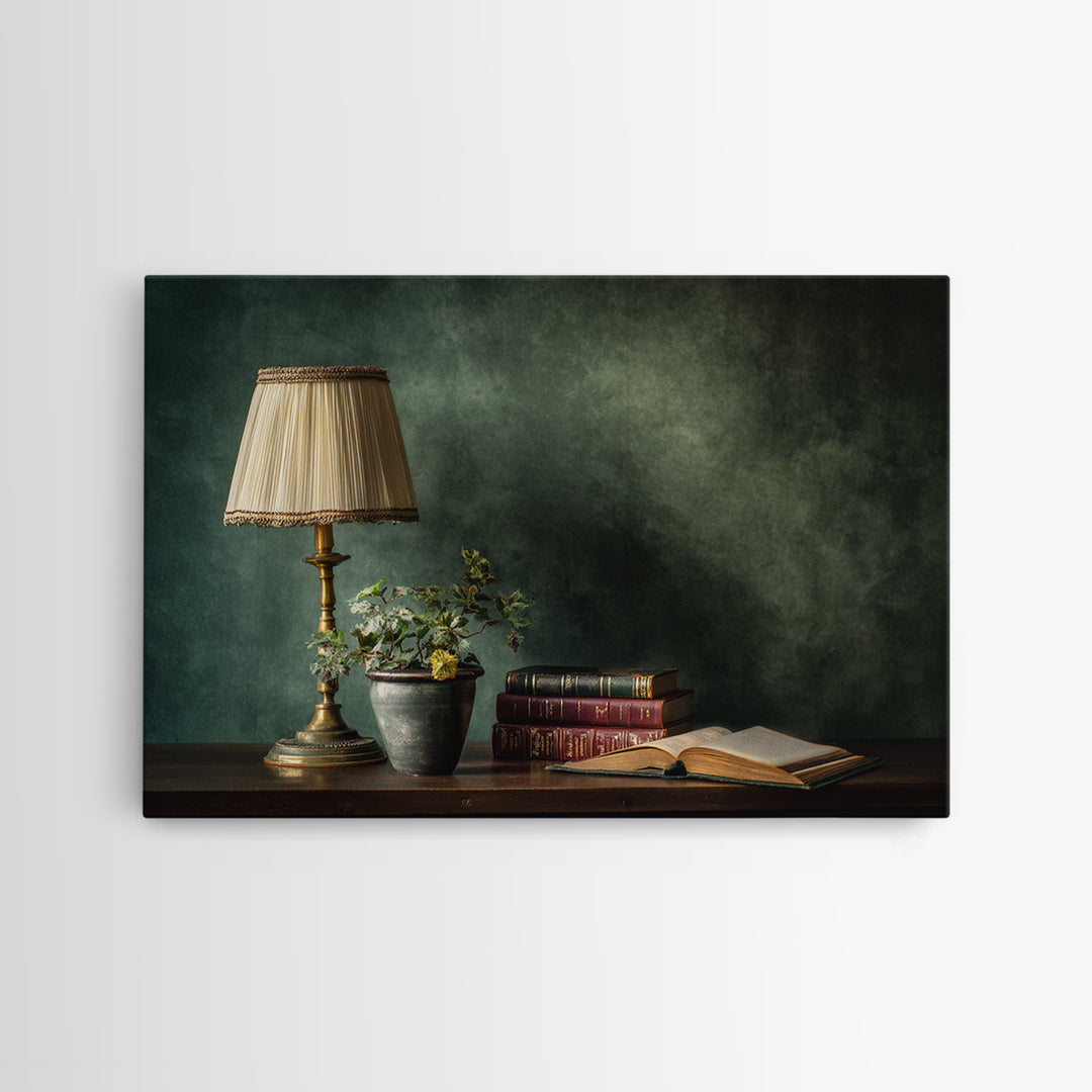 Warm Reading Lamp and Small Plant Still Canvas Print, Library Art, Neutral Decor, Library Decor, Fine Art, Archive, Home Decor, LIB-3x2-73