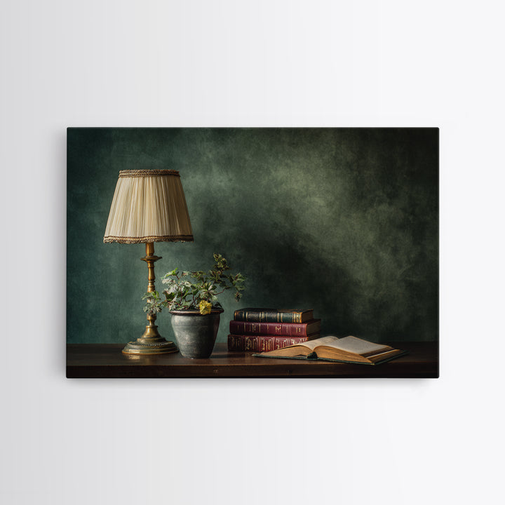 Warm Reading Lamp and Small Plant Still Canvas Print, Library Art, Neutral Decor, Library Decor, Fine Art, Archive, Home Decor, LIB-3x2-73