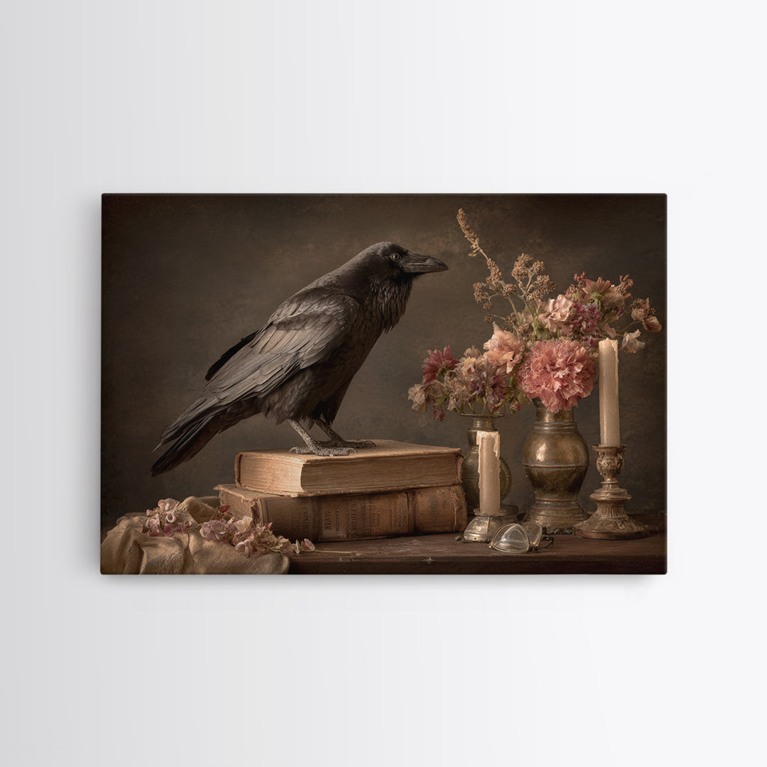 Black Raven Perched on Closed Book Framed Canvas Print, Library Art, Book Art, Library Decor, Oil Painting, Archive, LIB-3x2-74