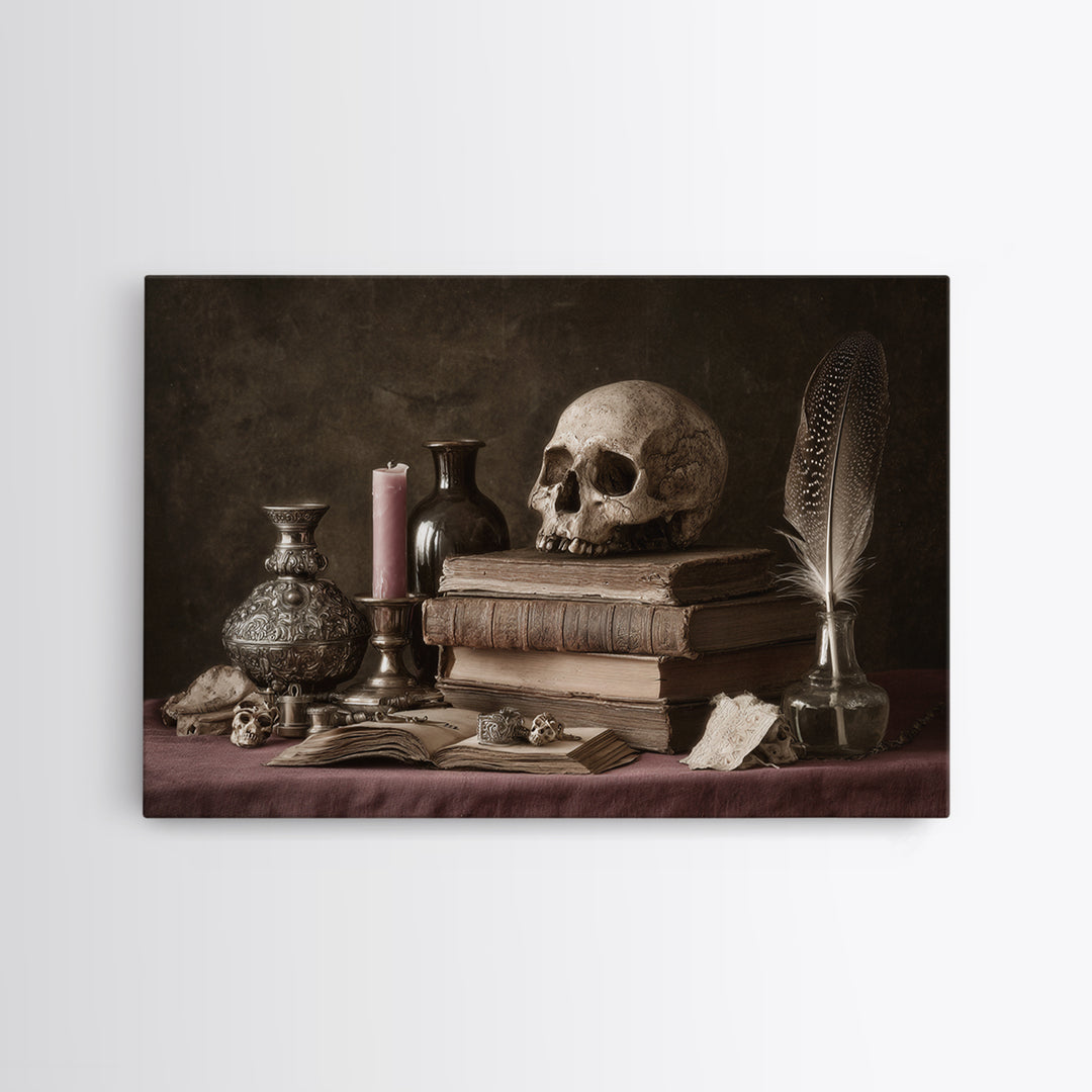 Dark Academia Skull Book and Quill Still Framed Canvas Print, Library Art, Fine Art Print, Library Decor, Fine Art, Archive, LIB-3x2-81