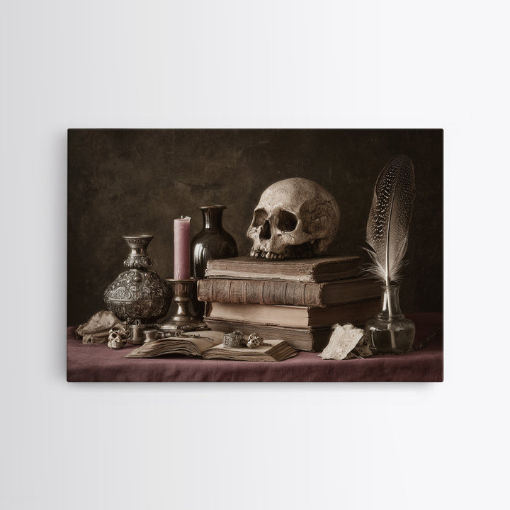 Dark Academia Skull Book and Quill Still Framed Canvas Print, Library Art, Fine Art Print, Library Decor, Fine Art, Archive, LIB-3x2-81