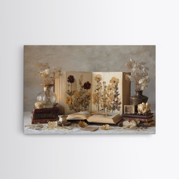 Botanical Pressed Flowers Inside Old Pages Framed Canvas Print, Library Art, Statement Artwork, Library Decor, Archive, LIB-3x2-85