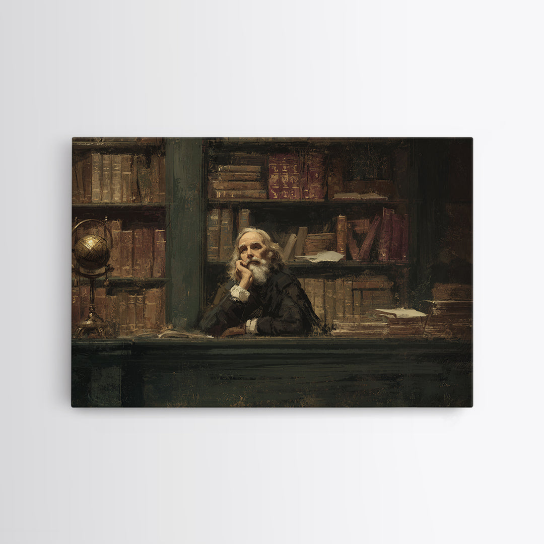 Classical Scholar Portrait Framed Canvas Print, Library Art, Halloween Wall Decor, Library Decor, Oil Painting, Archive, LIB-3x2-86