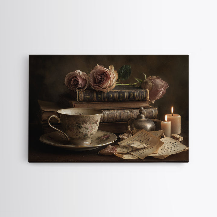 Teacup Beside a Novel and Roses Framed Canvas Print, Library Art, Black Cat Art, Library Decor, Fine Art, Archive, Luxury Decor, LIB-3x2-90