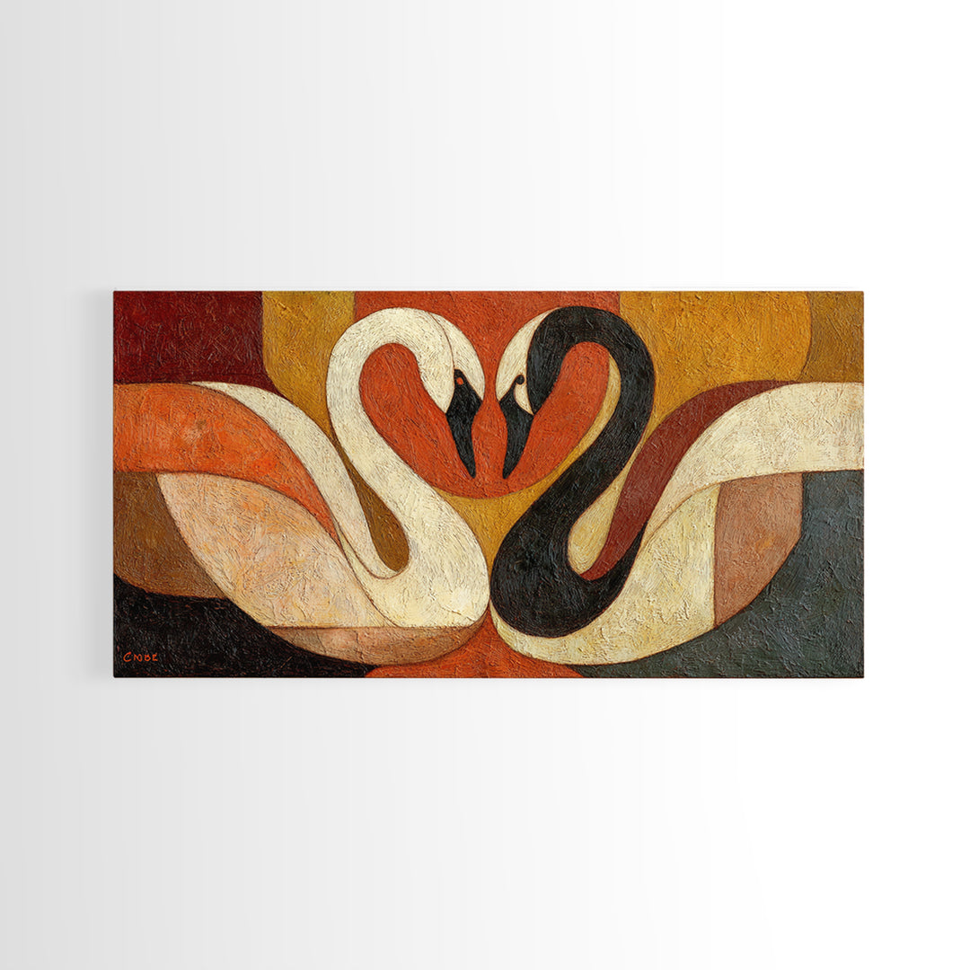 Two Swans Forming a Heart Shape Framed Canvas Print, Line Art, Textured Painting, Living Room Decor, Abstract Art, Line, LIN-2x1-12