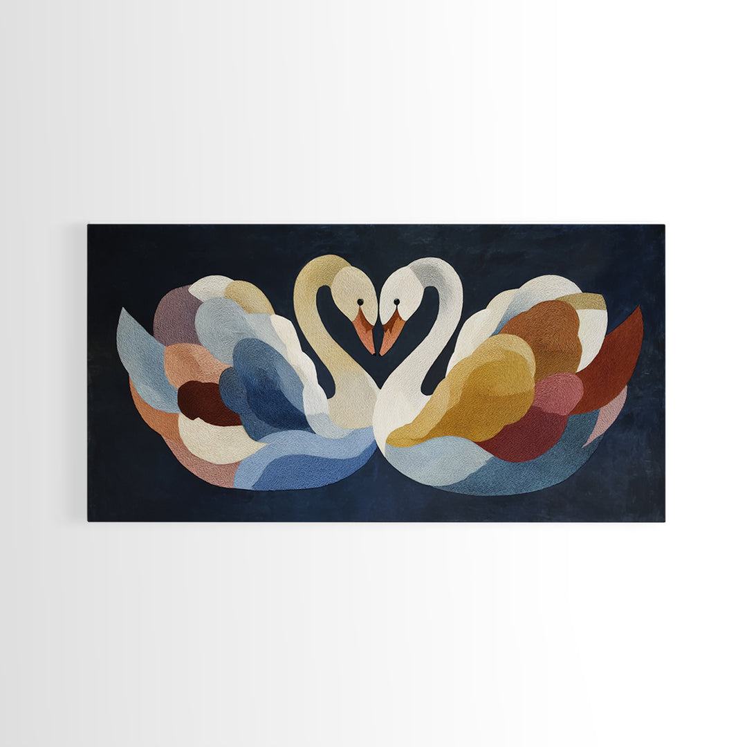 Two Swans Forming a Heart Shape Framed Canvas Print, Line Art, Digital Wall Art, Living Room Decor, Line, Minimalist Wall Art, LIN-2x1-60