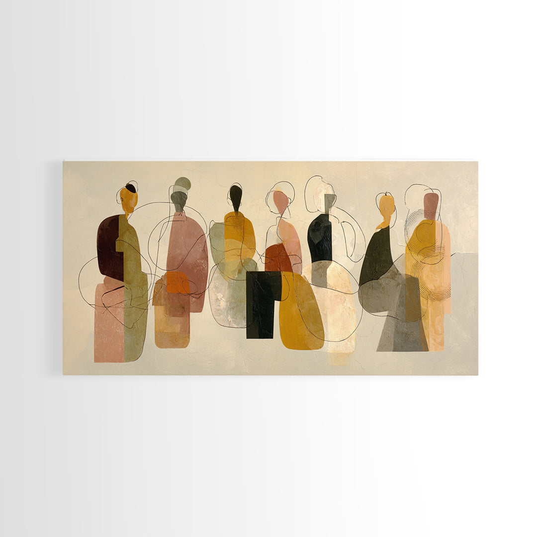 Abstract Family Figures Framed Canvas Print, Line Art, Boho Decor, Living Room Decor, Oil Painting, Line, Minimalist Art, LIN-2x1-92
