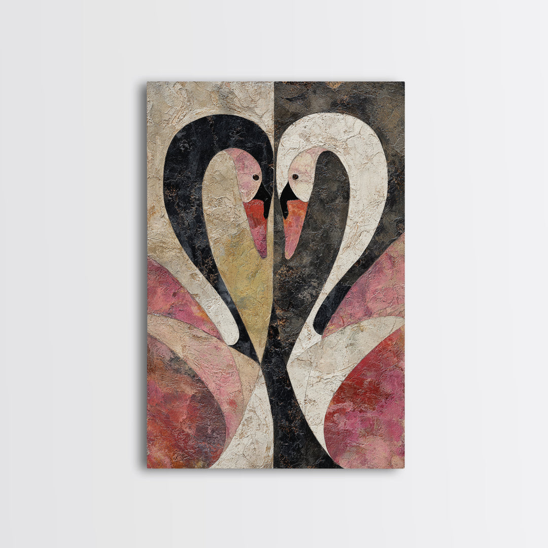 Two Swans Forming a Heart Shape Framed Canvas Print, Line Art, Contemporary Art, Living Room Decor, Abstract Art, Line, LIN-2x3-24